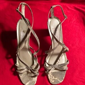 Calico snakeskin strap sandals.2” thick heel w/1” vertical short strap in back